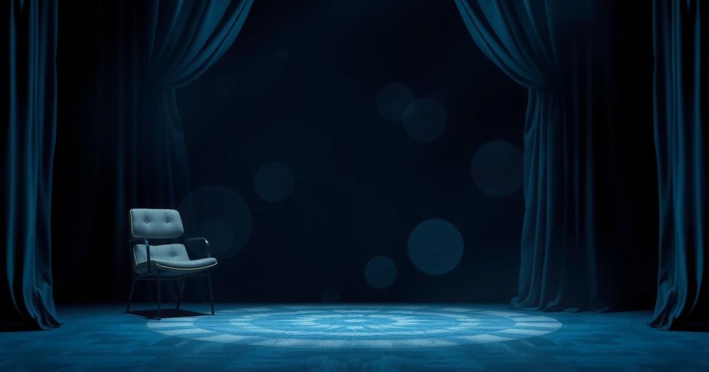 A darkened, abstract theatre stage with subtle lighting creating a dramatic atmosphere, evoking a sense of intrigue.