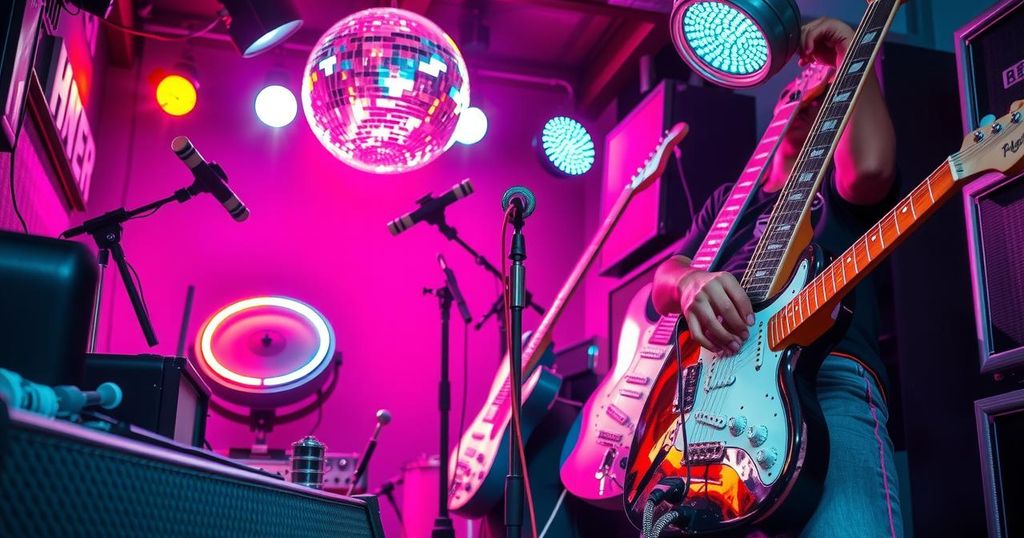 A stylish vintage scene celebrating music, featuring guitars, a disco ball, and vibrant neon colours.