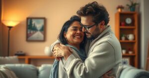 A couple embracing in a cozy home setting, surrounded by soft lighting and warm colours representing love and unity.