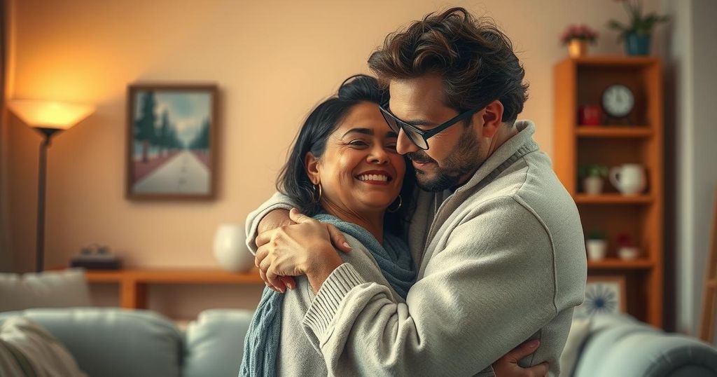 A couple embracing in a cozy home setting, surrounded by soft lighting and warm colours representing love and unity.