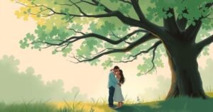A serene couple embracing under a tree, symbolising love and comfort, in warm pastel colors with a soft artistic touch.