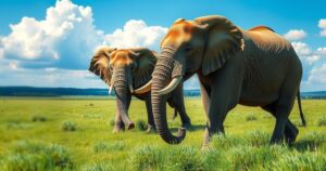 A serene landscape with elephants in a sanctuary, showcasing Cher's love for animal rescue.