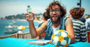 A panelist joking at a festival, with a football behind, set against a vibrant French coastal skyline.
