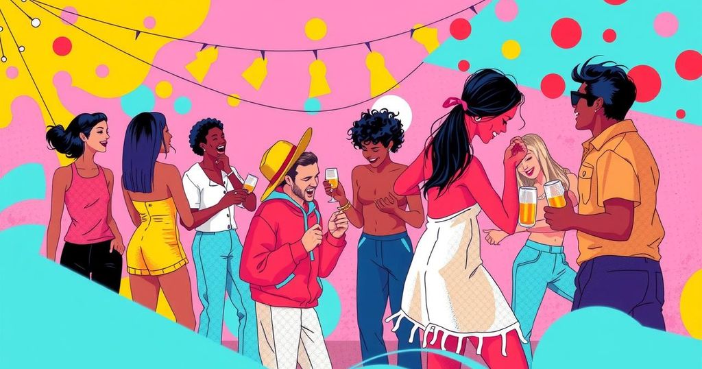 Colorful abstract representation of a lively social gathering, filled with vibrant energy and playful antics.