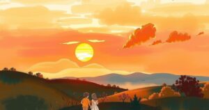 A serene landscape with a sunset, capturing friendship and support in warm colours
