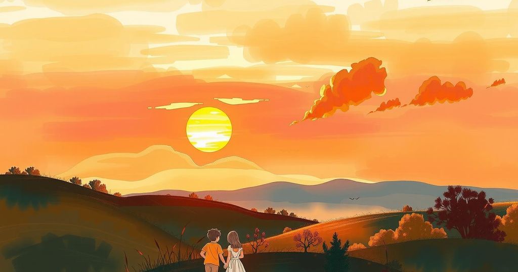 A serene landscape with a sunset, capturing friendship and support in warm colours