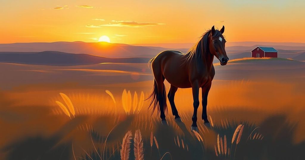 A serene cowboy landscape at sunset, highlighting a lone horse and peaceful hills, symbolising solitude and heartbreak.