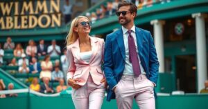 Couple at Wimbledon wearing stylish outfits, showcasing a vibrant colour palette with bright tones.