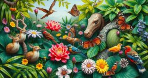 A lush green nature scene depicting vibrant wildlife and colourful flowers, embodying the essence of Springwatch.