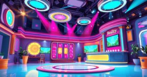 Stylised artistic representation of a celebrity show set with vibrant lights and reality TV elements, in bright colours.