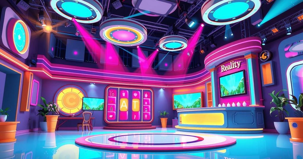Stylised artistic representation of a celebrity show set with vibrant lights and reality TV elements, in bright colours.