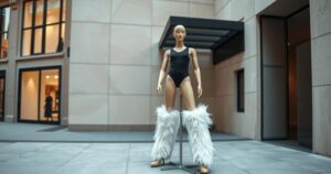 A nude bodysuit with white fur boots displayed on a mannequin, contrasting elegance and sophistication.