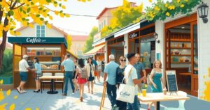 A vibrant street scene capturing a bustling coffee shop exterior under bright sunlight.