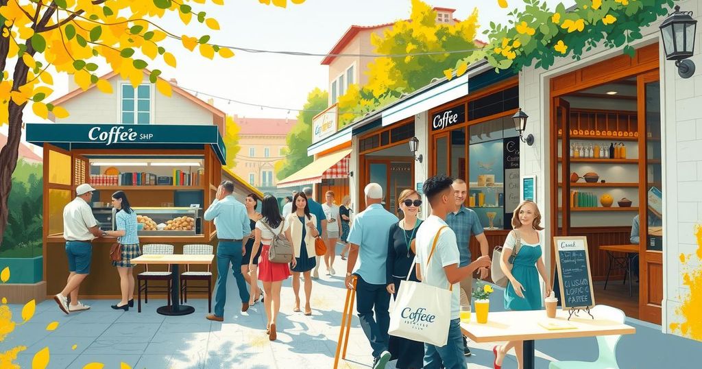 A vibrant street scene capturing a bustling coffee shop exterior under bright sunlight.