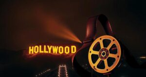 A dramatic skyline of Hollywood with spotlights and film reel, reflecting the essence of celebrity scandals.