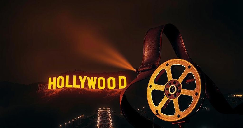 A dramatic skyline of Hollywood with spotlights and film reel, reflecting the essence of celebrity scandals.