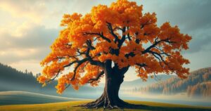 Two intertwined trees symbolising friendship and loyalty, with a vibrant autumn colour palette in a serene setting.