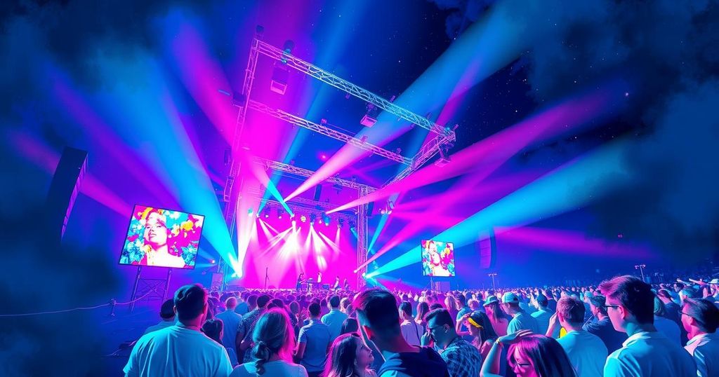 A vibrant Coldplay concert scene with colourful lights and a large crowd enjoying the performance under a starry sky.