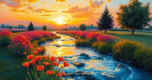 A serene landscape with vibrant flowers, a sunset sky and a calm river reflecting the colours, in an impressionist style.