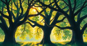 Deeply entwined trees forming a natural archway, lush greenery and warm sunlight create a serene, inviting atmosphere.