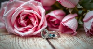 A couple's wedding rings on a surface, foreshadowing an unexpected split amidst a blossoming pregnancy announcement.