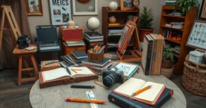 A vintage styled studio with a creative workspace featuring a camera, notebooks, and artistic materials.