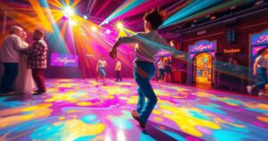An expressive dance floor with vibrant lights, embodying energy and emotion in a vibrant colour palette.