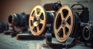 A cinematic-style artwork depicting vintage film reels and camera equipment with soft lighting and muted tones.