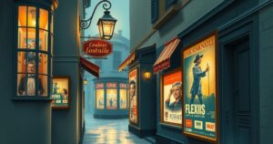 A darkened street with vintage film posters and soft lantern light, evoking nostalgia and the complexity of fame.