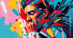 A pop star in a vibrant, abstract scene, emphasising artistic expression and emotional connection, colourful and dynamic.