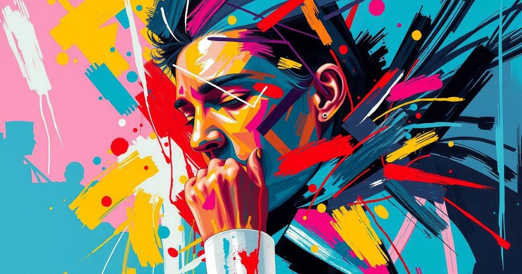 A pop star in a vibrant, abstract scene, emphasising artistic expression and emotional connection, colourful and dynamic.