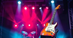 A vibrant rock concert scene featuring a guitar, stage lights, and guitars, conveying excitement and celebrity culture.