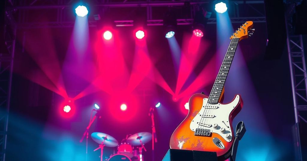 A vibrant rock concert scene featuring a guitar, stage lights, and guitars, conveying excitement and celebrity culture.