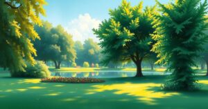 A serene park scene showcasing trees and a calm lake, symbolizing a peaceful relationship during downtime.