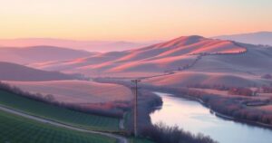 A serene scene depicting a rural landscape at dusk, with soft pastel colours and gentle curves, showcasing tranquility.