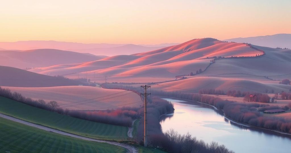 A serene scene depicting a rural landscape at dusk, with soft pastel colours and gentle curves, showcasing tranquility.