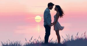 A romantic scene depicting a couple in love surrounded by soft colours and a dreamy atmosphere, inspired by impressionism.