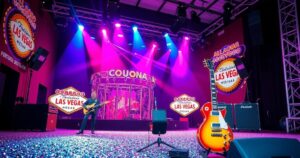A vibrant Las Vegas stage, adorned with sequins and musical instruments, capturing the essence of an iconic performance.