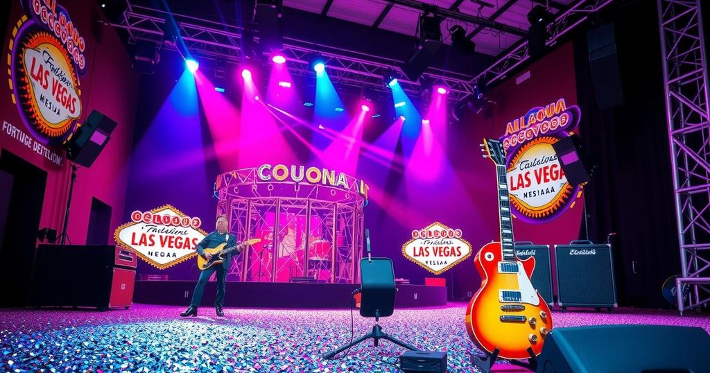 A vibrant Las Vegas stage, adorned with sequins and musical instruments, capturing the essence of an iconic performance.