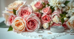 A romantic wedding planning scene with floral arrangements and ring details, capturing the essence of love and celebration.