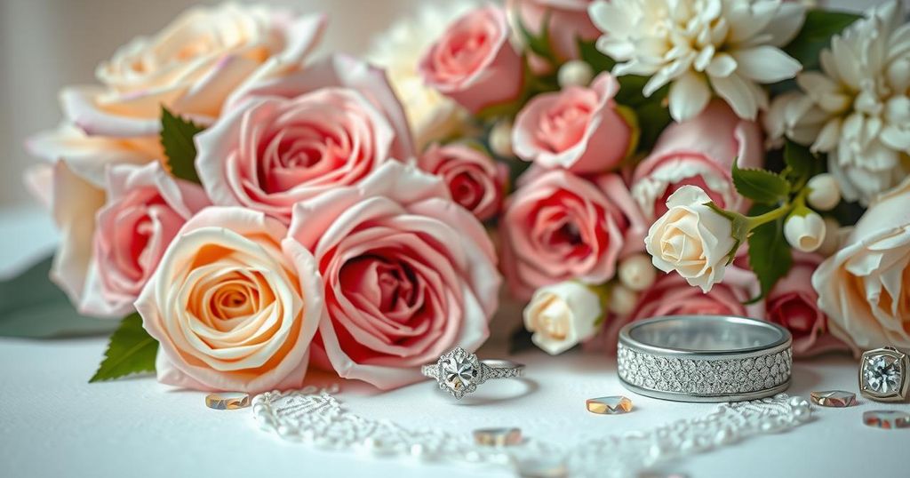 A romantic wedding planning scene with floral arrangements and ring details, capturing the essence of love and celebration.