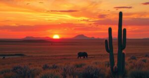 A sorrowful sunset over a wide open prairie, symbolising heartbreak and solitude in a warm colour palette.