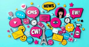 A vibrant collage of celebrity icons surrounded by swirling gossip symbols in bright colours, conveying entertainment buzz.