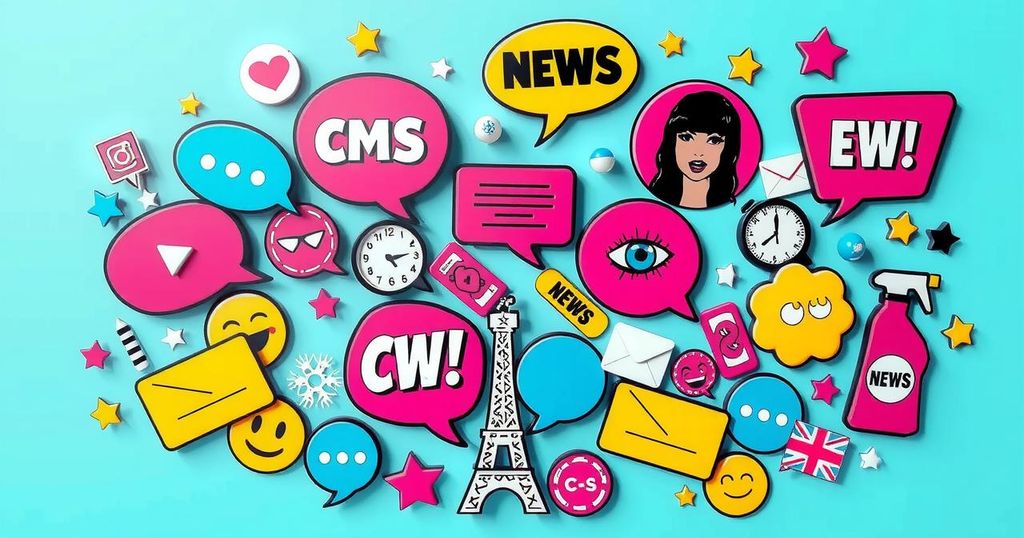A vibrant collage of celebrity icons surrounded by swirling gossip symbols in bright colours, conveying entertainment buzz.
