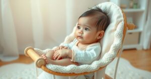 A creative illustration of a serene family moment featuring a baby in a rocker, surrounded by soft pastel colours.