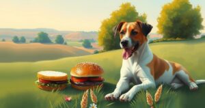 A peaceful outdoor scene showcasing a dog sitting next to a half-eaten burger, illustrating companionship and calm.