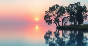 A serene scene with a sunset over a tranquil lake, reflecting soft pastel colors and serene nature.
