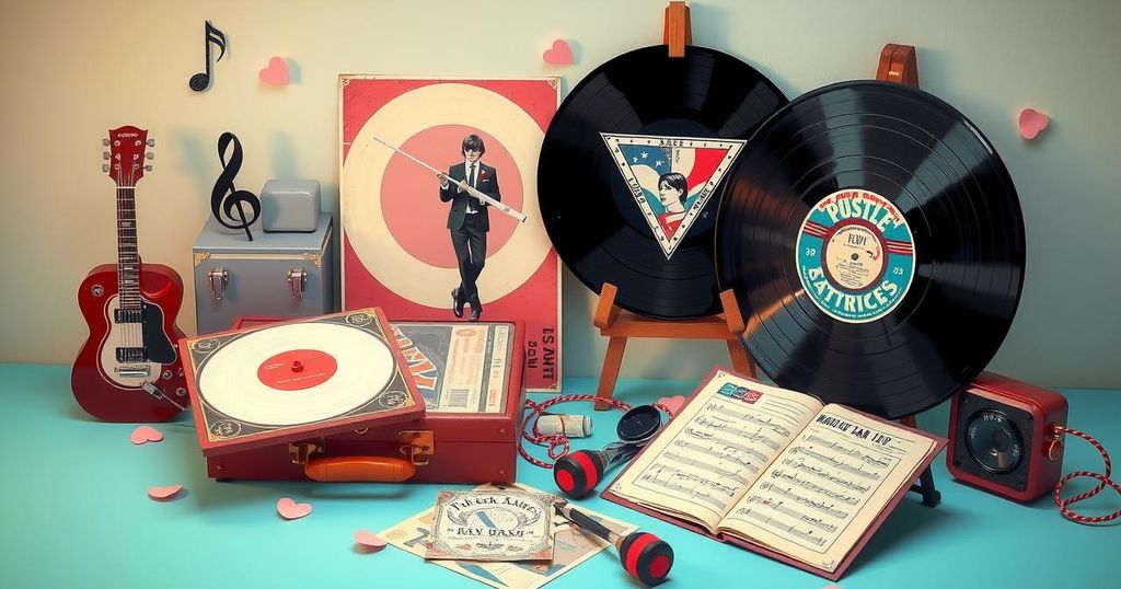 A nostalgic tribute to a past teen idol with musical notes and vintage memorabilia against a soft pastel backdrop.