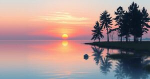 A serene landscape depicting a tranquil sunset over a calm lake, with soft pastel colours reflecting on the water.
