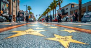 Ricky Gervais on Hollywood Walk of Fame, surrounded by scattered stars and a vibrant blue sky.